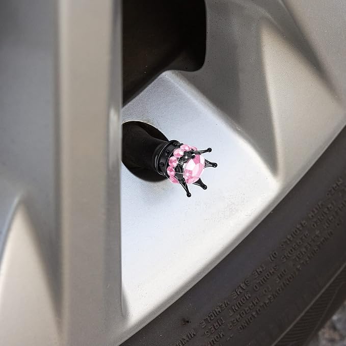 4 Pieces Crown Tire Valve Stem Caps Bling Handmade Crystal Rhinestone Universal Chrome Crown Vehicle Car Tire Caps Covers, Attractive Accessories for Car (Pink and Black)