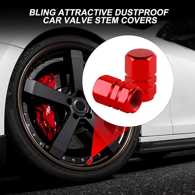 Aluminum Tire Stem Valve Caps Wheel Valve Covers Car Dustproof Tire Cap Cover Accessories, Universal for SUV, Car, Bike and Motorcycle, Hexagon Shape (4PCS Red)