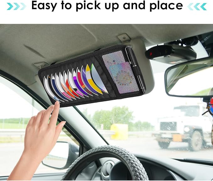 Trinkrittey Black Car CD Case Holder DVD Vehicle Visor Storage Orangizer Large Capacity CD Visor Case with 12 DVD Storage Sleeves 1 Mesh Pocket 1 Pen Holder and Elastic Strap