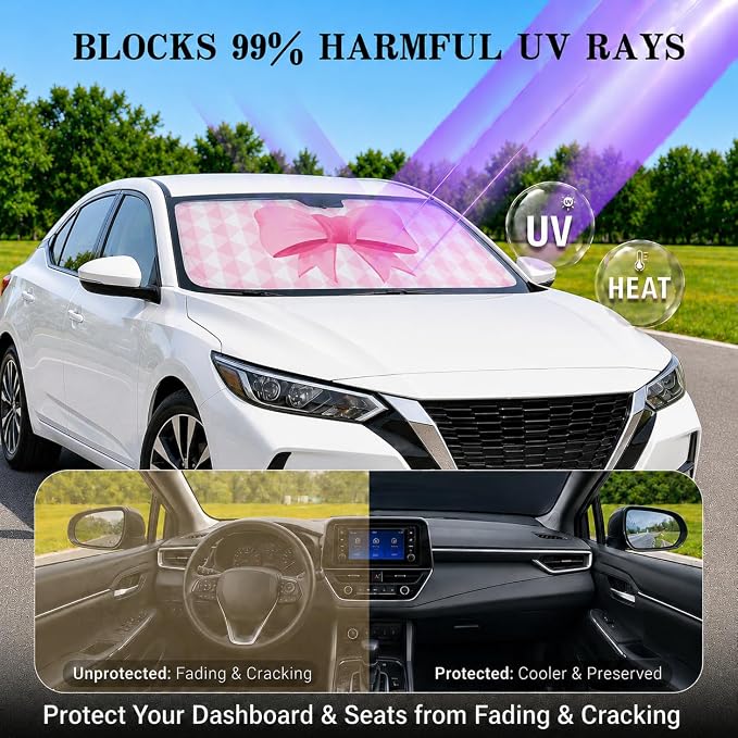 Car Windshield Sun Shade, Universal Fit Compact Sedan SUV, Pink Plaid Bow | 59 x 27.5" Car Sun Visor, Foldable Front Window Sunshade, UV Heat Protection, Girly Bow Series