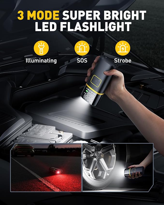 Tire Inflator Portable Air Compressor - 150PSI Bike Pump 1Min Fast Inflate with Tire Pressure Gauge, 5200 mAh, LED Light, Car Accessories Air Pump for Auto, Moto, Bike Car Gifts for Men