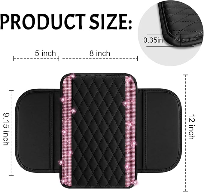 Bling Car Center Console Cover, Leather Car Arm Rest Cover Cushion with 2 Storage Bags, Universal Automotive Armrest Protector Storage Box, Bling Accessories Interior for Most Vehicles (Pink)