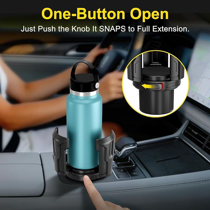Cup Holder Expander (Adjustable Holder & Base, Auto-Fit Hold, One Button Open), Car Cup Holder Expander for Yeti, Hydro Flask, Nalgene, Owala, Bottles in 2.6"- 4.8" (2 Pack)