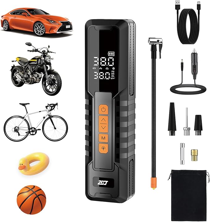 Tire Inflator Portable Air Compressor – Emergency Flat Tire Rescue & Pressure Maintenance Tool, Cordless Pump with 150PSI, LCD Screen, Auto Shut-Off – for Car, Motorcycle, Bicycle, Balls