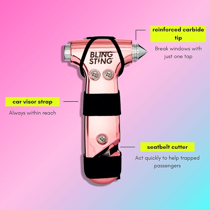 Car Emergency Escape Hammer, Seatbelt Cutter, Window Breaker Tool, Interior Visor Strap, New Driver Vehicle Safety Essentials, Cute Car Accessories for Women - Black & Pink, 2 Count