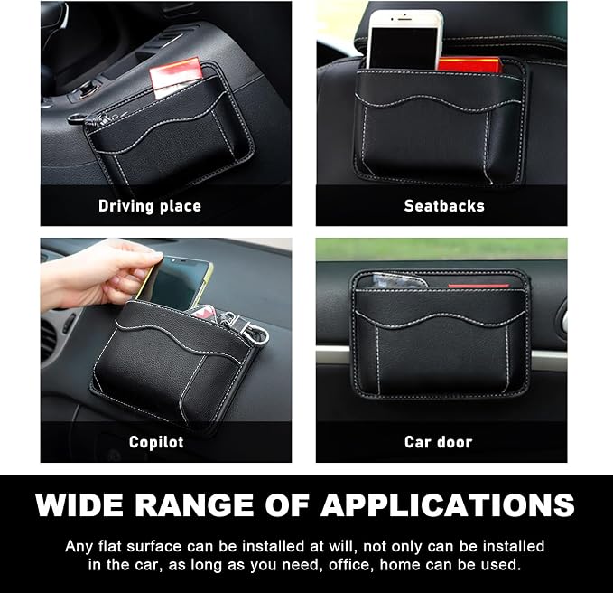 2 PCS Car Seat Side Pocket Organizer, PU Leather Cell Phone Sunglasses Storage Pocket, Mini Seat Gap Filler Pouch for Auto Seat Door Window Console, Interior Car Accessories (Black)