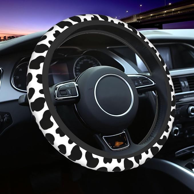 Cow Print 3pc car Set : Steering Wheel Cover + 2 Pc Car Coasters | neoprene Anti-Slip Breathable Universal 14.5-15.5 in for Suitable for Men Women