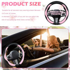 Pink Steering Wheel Cover, Non-Slip Breathable Comfort PU Imitation Leather Cute Car Accessories for Women Girl, Universal Protector in All Season 15 inch Fit Most Car
