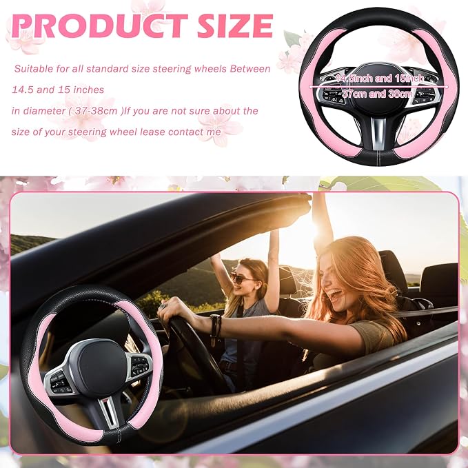 Pink Steering Wheel Cover, Non-Slip Breathable Comfort PU Imitation Leather Cute Car Accessories for Women Girl, Universal Protector in All Season 15 inch Fit Most Car