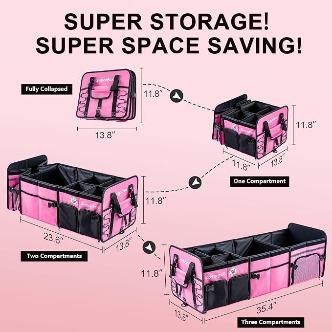 Bold Color Block Trunk Organizer | 95L, 35"x13.8"x11.8" | Dedicated Shoe Storage & 26L Ice Pack | Foldable for SUV/Car/Jeep | Stylish Gift & Car Accessories for Men & Women - Pink-X212