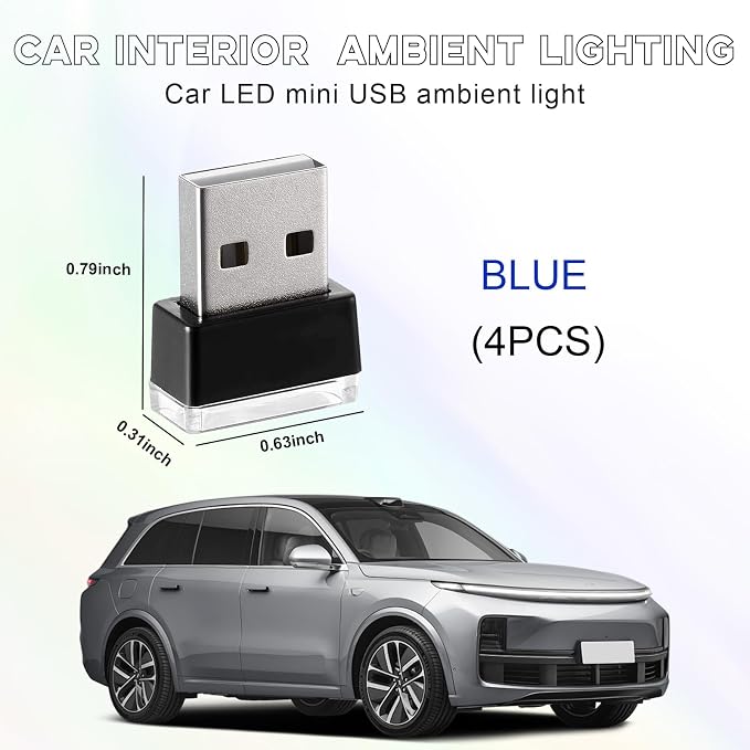 4 PCS USB LED Car Interior Atmosphere Lamp, Portable Mini LED Night Light, Plug-in USB Interface Trunk Ambient Lighting Kit, Universal Interior Car Accessories (Blue)