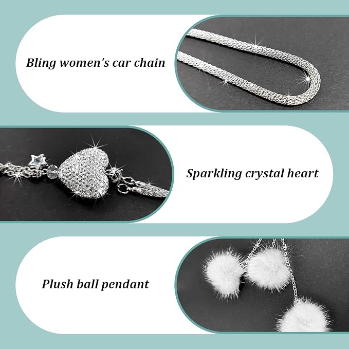 Bling Diamond Heart Car Interior Accessories, Heart & Pink Plush Ball Decor Ornament Pendant, Hanging Decoration Charm (White)