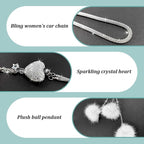 Bling Diamond Heart Car Interior Accessories, Heart & Pink Plush Ball Decor Ornament Pendant, Hanging Decoration Charm (White)