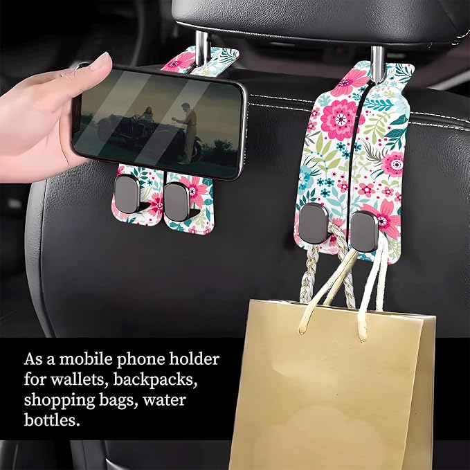 Car Seat Headrest Hook, Universal Leather Cute Hanger Holder Hook, Storage Organizer Interior Accessories for Purse Bags Handbag Cute Colorful Boho Flowers