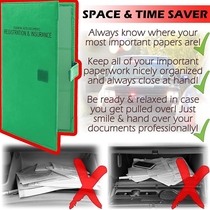 Registration and Insurance Card Holder - Car Organizer - Green | Vehicle Glove Box Document Organizer, Auto Essential Paperwork Holder for Contact Information Cards, Interior Car Accessories
