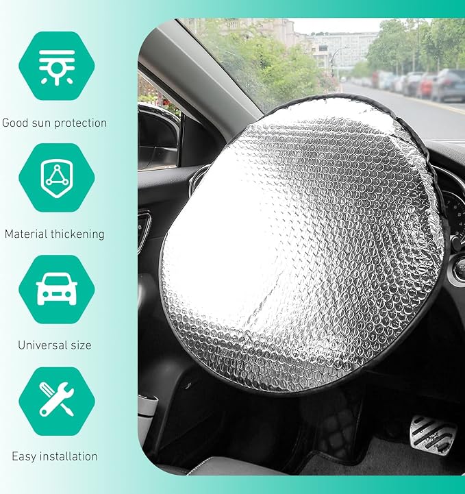 Car Steering Wheel Cover Sun Shade, 18" Anti-Heat Steering Wheel Sun Block, Aluminum Foil Steering Wheel Sun Shade Cover, Car Sunshade Accessories, Universal for Most Vehicle, RV, Truck