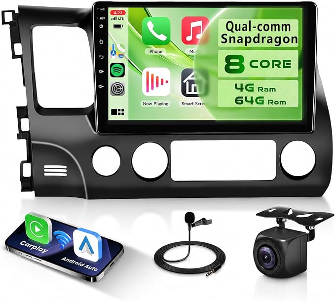 8Core 4G 64G for Honda Civic 2006 2007 2008 2009 2010 2011 Car Stereo Qual-comm Snapdragon chip, Wireless CarPlay Android Auto, 5GHz WiFi GPS, 3 Plit Screen, 3D car Model, + AHD Backup Camera