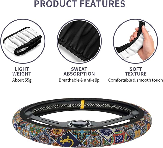 Car Steering Wheel Cover for Women Men, Non-Slip Mexican Talavera Tiles Steering Wheel Protector, Universal 14"-15" Fit for Cars, SUVs, Trucks (Mexican Talavera Tiles)