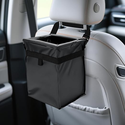 Car Trash Bag, Leakproof Waterproof Auto Garbage Container, Collapsible Portable Hanging Organizer for Car, SUV and Truck Seat Backs, 3 Gallons 9.05x6.89x10.63 Inches Black