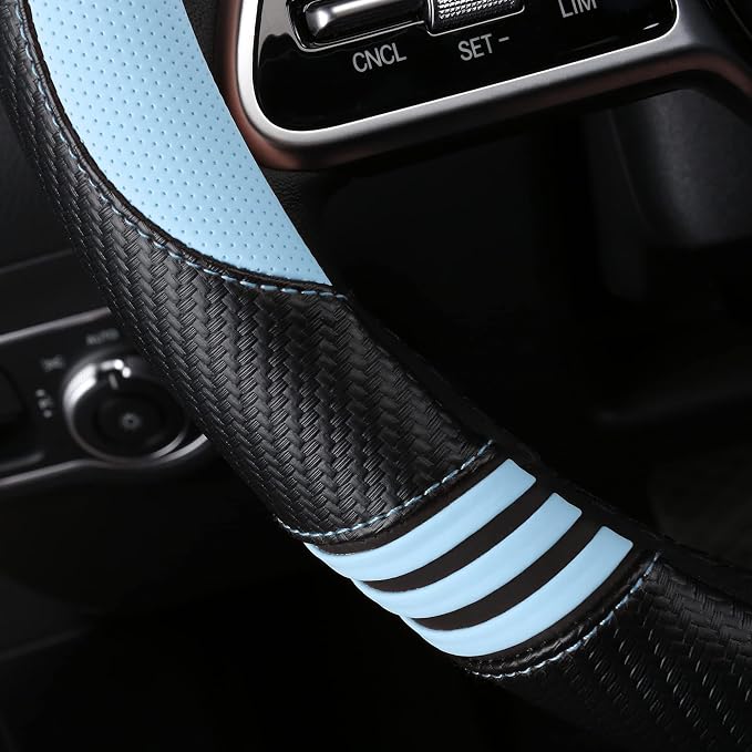 Car Steering Wheel Covers for Women Girl Padded Carbon Fiber PU Leather Cute Cartoon Auto Interior Accessories for Jeep, Truck, Universal, Anti Slip, Blue, Large Size, 15.2-16in
