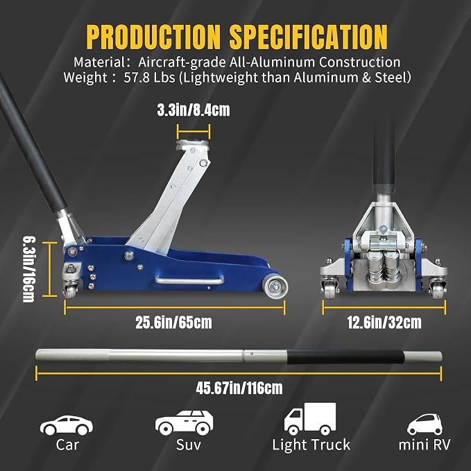 3 Ton Floor Jack Full Aluminum Ultra Lightweight Quick Rise Racing Floor Car Jack with Dual Pump Fast Lifting Low Profile Jack for Vehicle,6600 lbs Capacity