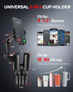 Upgraded Car Phone Holder - 2 in 1 Adjustable Cup Holder Expander Support 360° Degree Rotation - Car Cup Holder Phone Mount Compatible with All Smartphones
