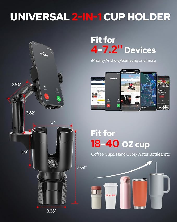 Upgraded Car Phone Holder - 2 in 1 Adjustable Cup Holder Expander Support 360° Degree Rotation - Car Cup Holder Phone Mount Compatible with All Smartphones
