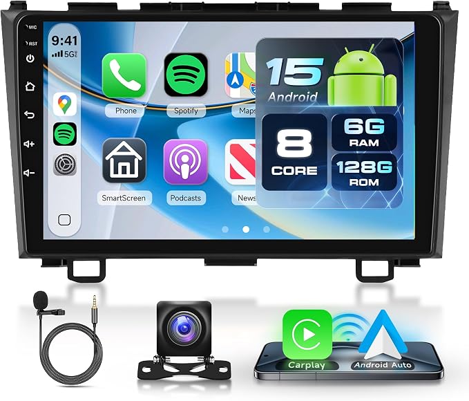 8 Core 6G+128G Android Car Radio for Honda CRV 2007-2011, 9" IPS Touchscreen with Wireless Carplay & Android Auto & Mirror Link, Backup Camera, Bluetooth, FM/RDS/GPS/DSP/USB/WiFi