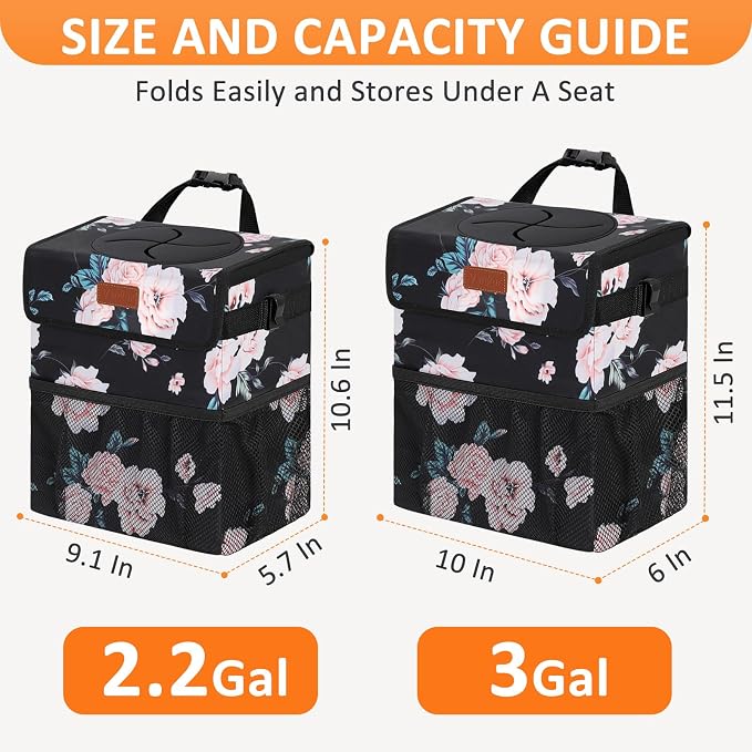 3 Gallons Car Trash Can with Lid, Car Bag Bin Hanging Waterproof Automotive Garbage Cans Leak Proof Vehicle Trash Can Black Floral