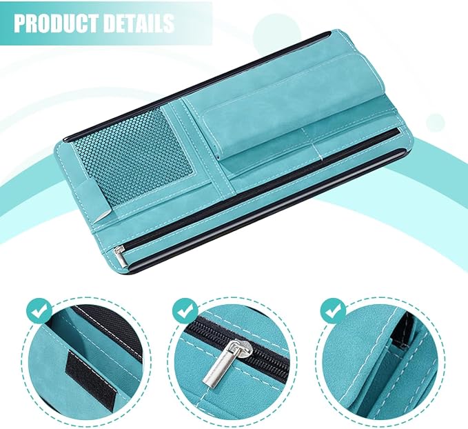 Car Sun Visor Organizer, Multi-Pocket Vehicle Sun Visor Storage Pouch with Sunglasses Box, Auto Interior Sunshade Eyeglasses Card Holder Organizers, Universal for SUV Sedan Truck (Blue)