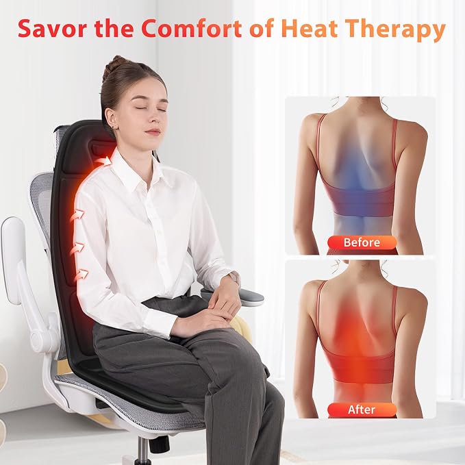 Back Massager with Heat, Vibration Massage Chair Pad with 8 Motors & 2 Heat Levels for Back & Thighs, Back Massage Pad for Office & Home Chairs, Matte Black