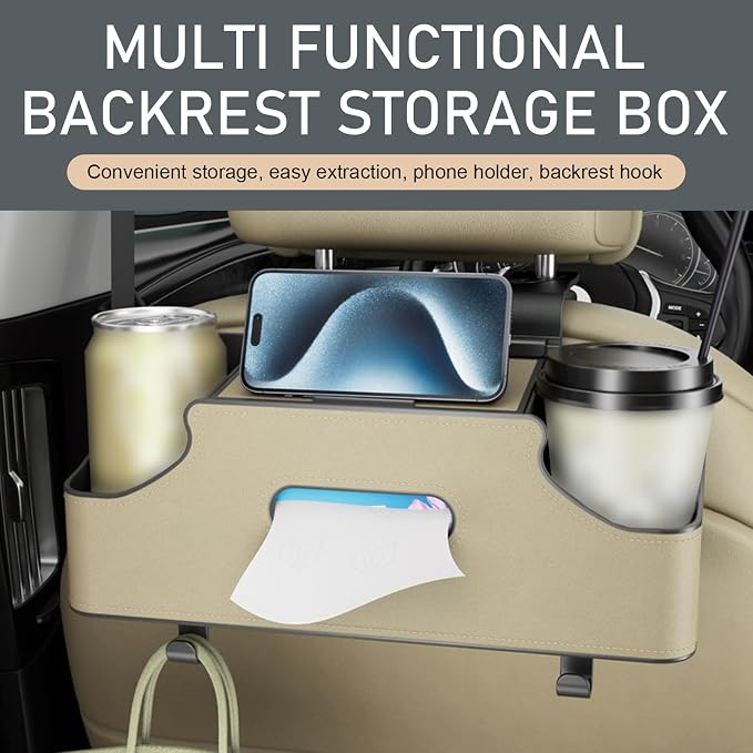 1 PC Car Seat Back Organizer, Car Back Seat Multi-Function Storage Box with 2 Drink Cup Holders, 11.42" x 3.35" Leather Tissue Organizer, Universal for Most Cars, Trucks, SUVs (Beige)