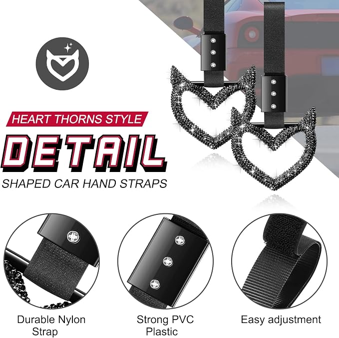 Bling Car Accessories Bling Heart Handle Ring Car Accessory for Women Heart Hand Strap Drift Charm Rear Bumper Warning Ring Decor for auto Bus Interior Exterior Decoration (Black,Devil Style)