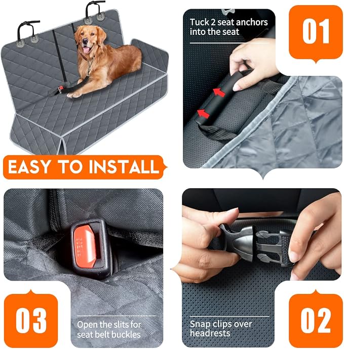 Dog Car Cover for Back Seat Pet Car Seat Cover Protector Waterproof Rear Seat Cover Nonslip Bench Car Seat Cover fits Middle Armrest for Most Cars Trucks SUVs (53” Width) - Grey