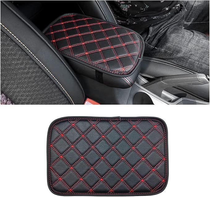 Car Leather Center Console Cushion Pad, 11.4"x7.4" Waterproof Armrest Seat Box Cover Fit for Cars, Vehicles, SUVs, Comfort, Car Interior Protection Accessories (Black/Red-2)
