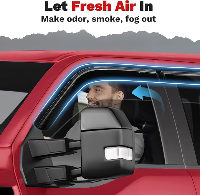 Window Visors Rain Guards for 2015-2025 2026 Ford F150 SuperCrew/2017-2026 F250/F350/F450/F550/Super Duty Crew Cab Accessories, Tape-On Side Window Wind Deflectors Vent Visors Rainproof Black