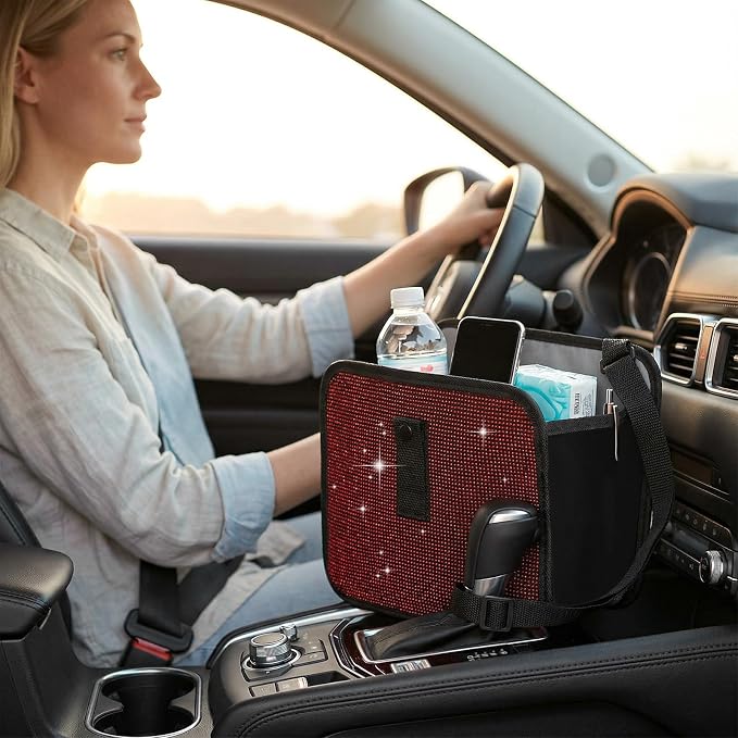 Bling Car Trash Can with Rhinestone, Sparkling Foldable Auto Garbage Container Hanging Back Seat Organizer, Crystal Dustbin Leakproof Garbage Can for Vehicle Home Office (Red)