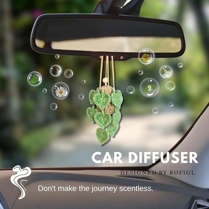 Handmade Crochet Hanging Car Air Freshener- Lifelike Green Pothos for Hanging with 12ml Thick Refillable Glass Diffuser Bottle, Suitable Decor for Car Rearview Mirror, Home & Wellness Spaces