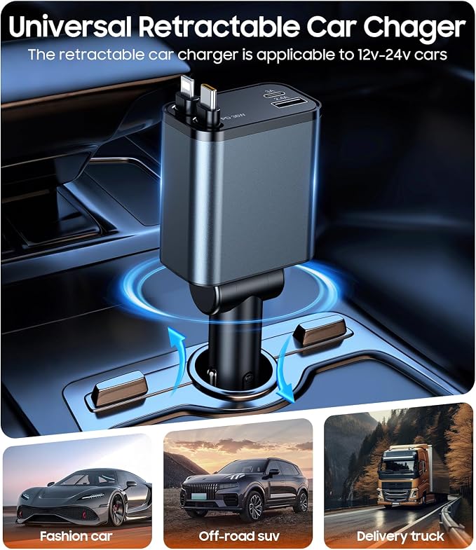 69W Retractable Car Charger, 4 in 1 Fast Charger USB C Car Truck Accessories for Men Women, Car Accessories for Valentines Day Gifts for Him Her, Travel Essentials for iPhone 17 Pro Max-Grey