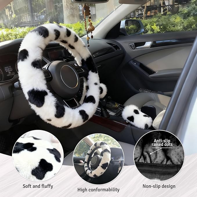 Fluffy Steering Wheel Cover 3PCS Set – Plush Fuzzy Fur Steering Wheel Cover with Gear Shift Cover & Handbrake Cover, Winter Warm Car Accessories, Car Interior Accessories for Women (Cows)