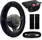 5 Pcs Fuzzy Black Color Car Accessories Set, Soft Fluffy Plush Steering Wheel Cover, Center Console Armrest Pad & Rearview Mirror Cover - Interior Decorations for Women,Universal Fit (Black)
