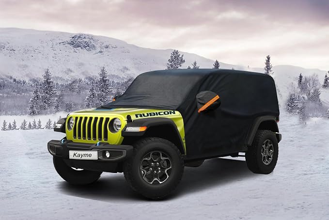Half Car Cover Custom Fit for Jeep Wrangler 4 Dr/Unlimited 4 Door JK JL, Windshield Cover for Ice and Snow Top with Reflective Straps, Roof Cover Waterproof All Weather Dust, Sun Protection.