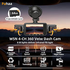 4 Channel Dash Cam Front and Rear Cabin, 360 Dash Camera, Night Vision 8 IR Lamps for Cars, 5G WiFi for Download, G-Sensor, 24H/7 Parking Mode with 64GB Card, Support 256 GB Max