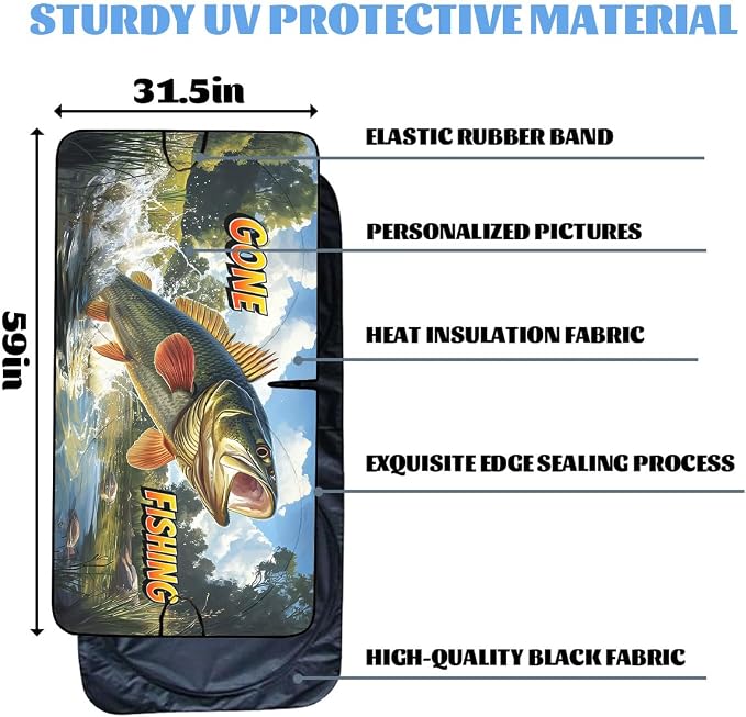 Bass Fishing Car Windshield Sunshades Gone Fishing Angler Outdoor Nature Front Window Sun Shade Blocks UV Rays Sun Visor Protector for Car Sedan Truck SUV Accessories 59" L x 31.5" W