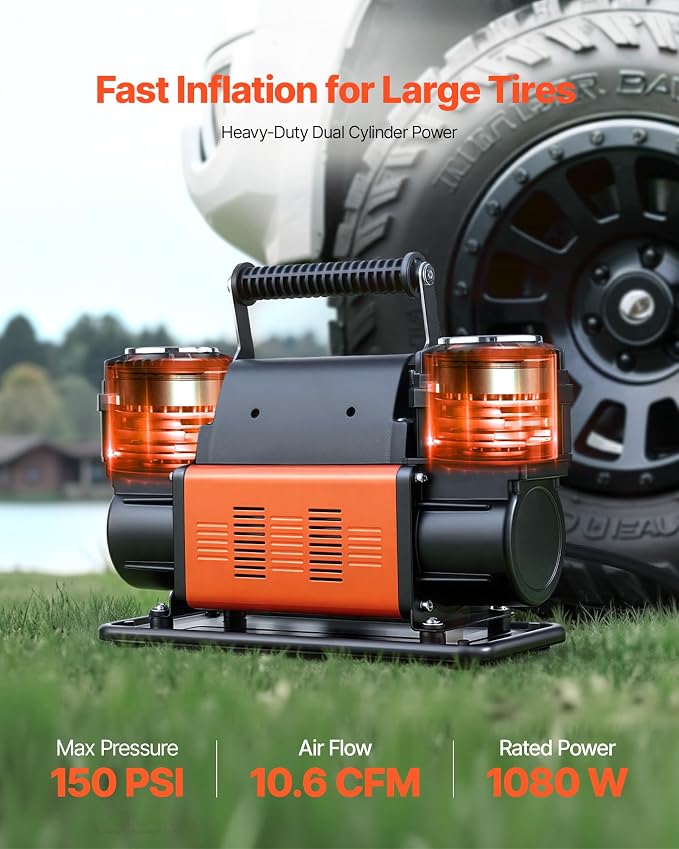 Dual-Cylinder Heavy Duty Air Compressor, 10.6CFM Portable Tire Inflator, 12V 150PSI Offroad Air Pump with Digital Pressure Gauge & Adapters for Truck Car SUV 4 x 4 Vehicle RV