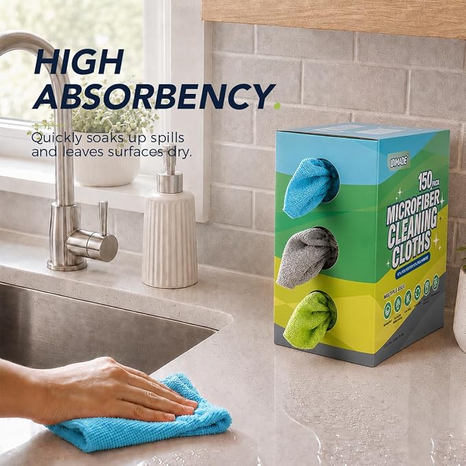 Microfiber Cleaning Cloth, 150 Pack Reusable Paper Towels Microfiber Towels for Cars Lint Free Shop Rags with Box for Home Kitchen Automotive, 11"x 9", Blue & Grey & Green