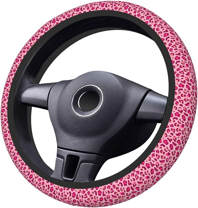 Pink Leopard Print Steering Wheel Cover for Women, Universal 15 Inch Fit, Thickened Neoprene Non-Slip Car Wheel Protector, Stylish Car Interior Accessories for Auto SUV Truck, Breathable & Durable