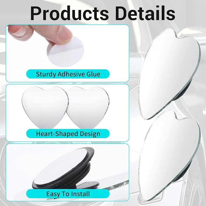 2 Pcs Heart Shaped Blind Spot Mirrors Car Side Mirror Blindspot Universal Fit Adjustabe Angle Convex Rearview Mirror for Enhanced Safety Stick Cute Automotive Exterior Accessories for Cars SUVs Trucks
