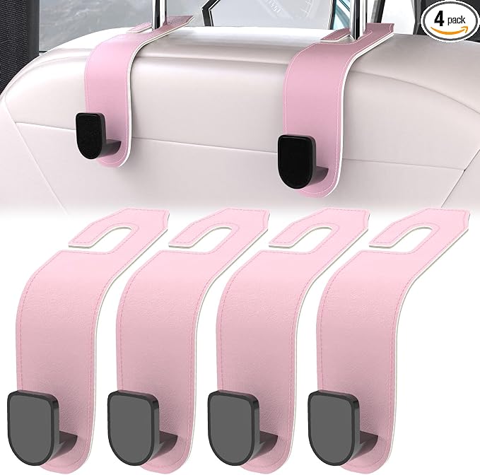 4 Pcs Seat Headrest Hook for Car, Seat Back Hanger Holder Hooks, Hanger Storage Organizer for Purse Bags Coat, Car Interior Accessories Leather Hidden Hook