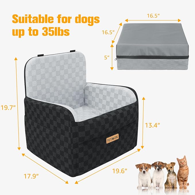 Waterproof Dog Car Seat for Small Medium Dogs, 5in Memory Foam Pet Booster Seat for Dogs up to 35 lbs with Pockets, Detachable Washable Pet Carseat with Y-Shape Safety Belt (Gray, Medium)